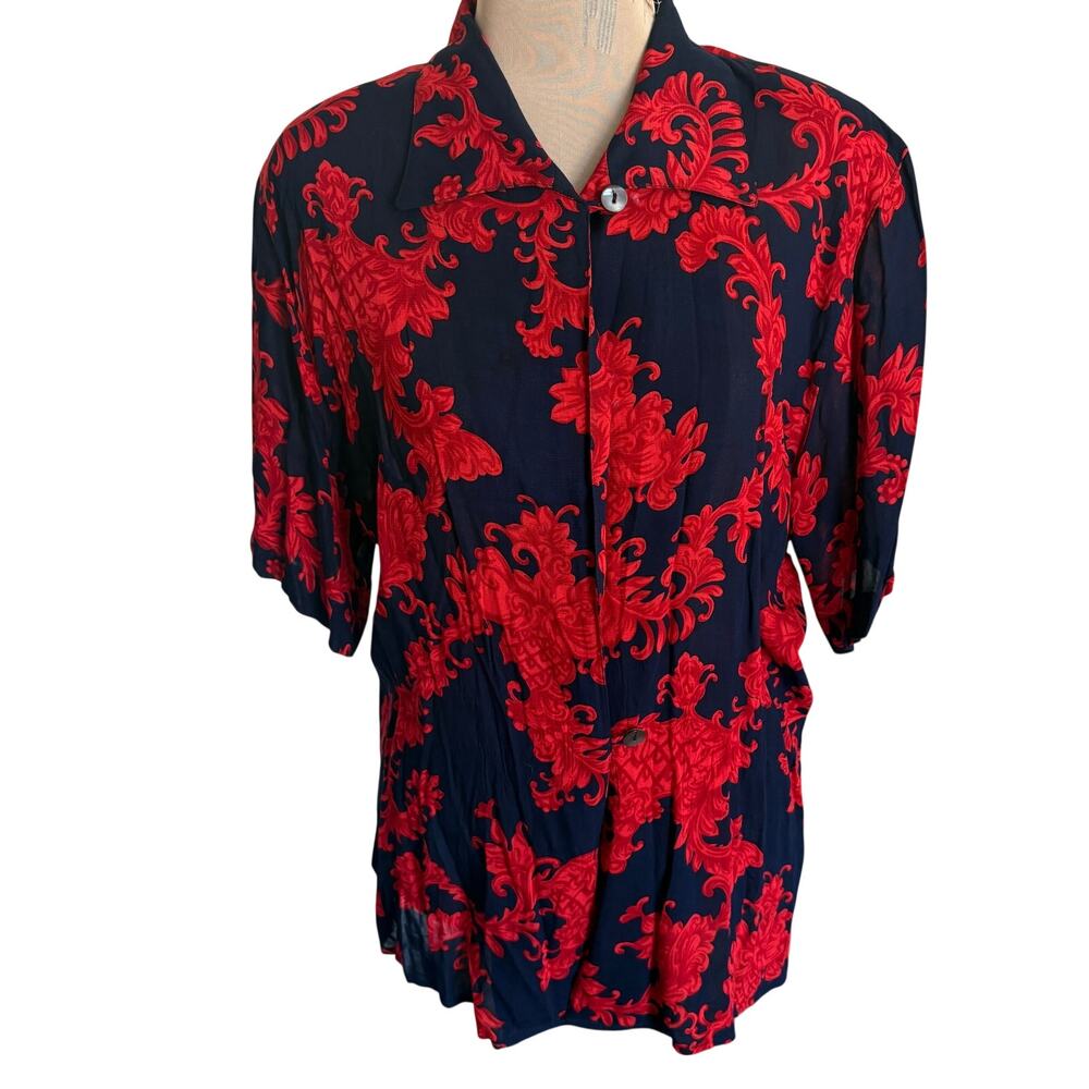 Vintage 80's Barry Bricken USA Navy Red Status Print Blouse Retro Button Down